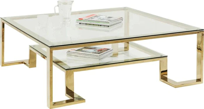 Amaris Couchtisch 90cm x 90 cm in Gold mit durchsichtiger Platte